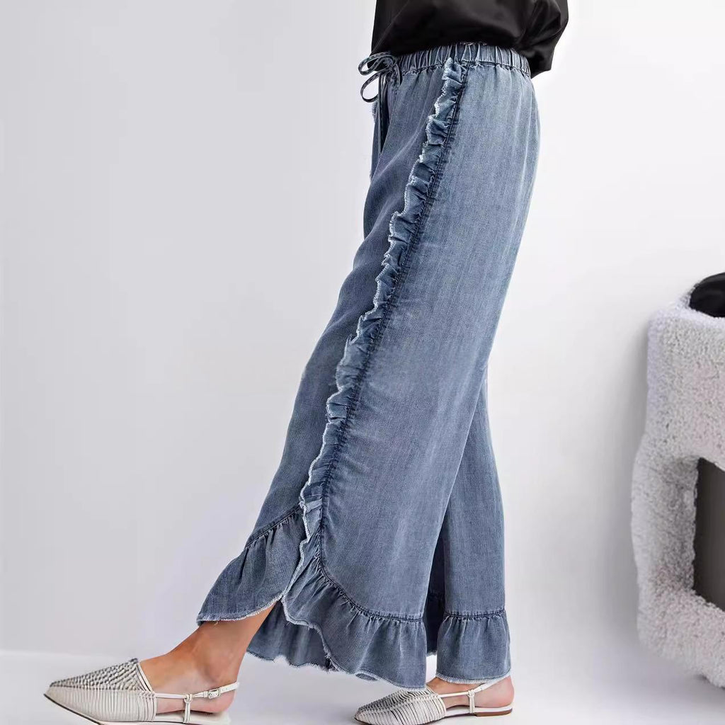 Women's Washed Denim Wide-Leg Flared Pants with Ruffle Hem