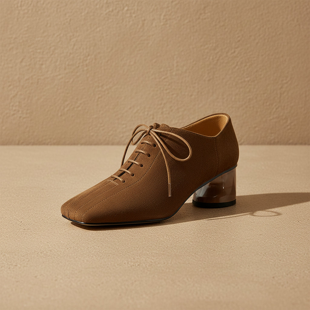 Women's Brown Suede Square Toe Lace-Up Mid Chunky Heel Pumps - Image 5