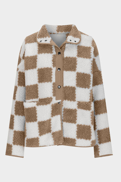Women’s Checkered Snap Down Teddy Jacket in White and Brown