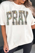 White PRAY Camo Letter Print Casual Round Neck T Shirt