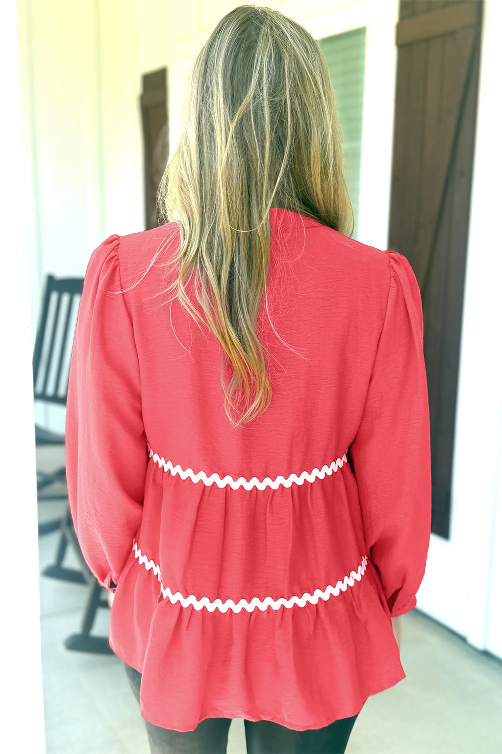 Coral Contrast Ricrac Trim V-Neck Button Down Shirt