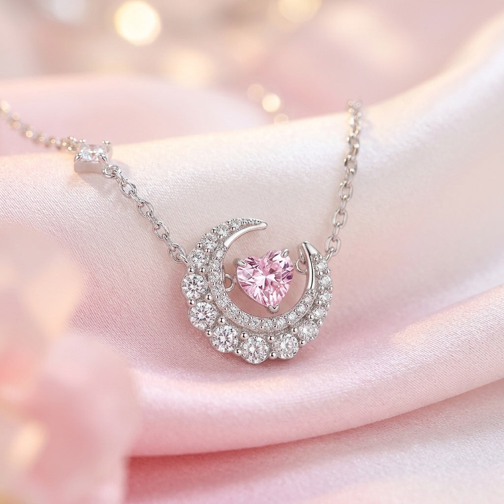 Phantom Dream Heart Moon Necklace with Zircon Inlay in Silver