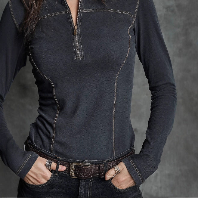 Women’s Retro Stand Collar Half Zip Pullover Long Sleeve Top