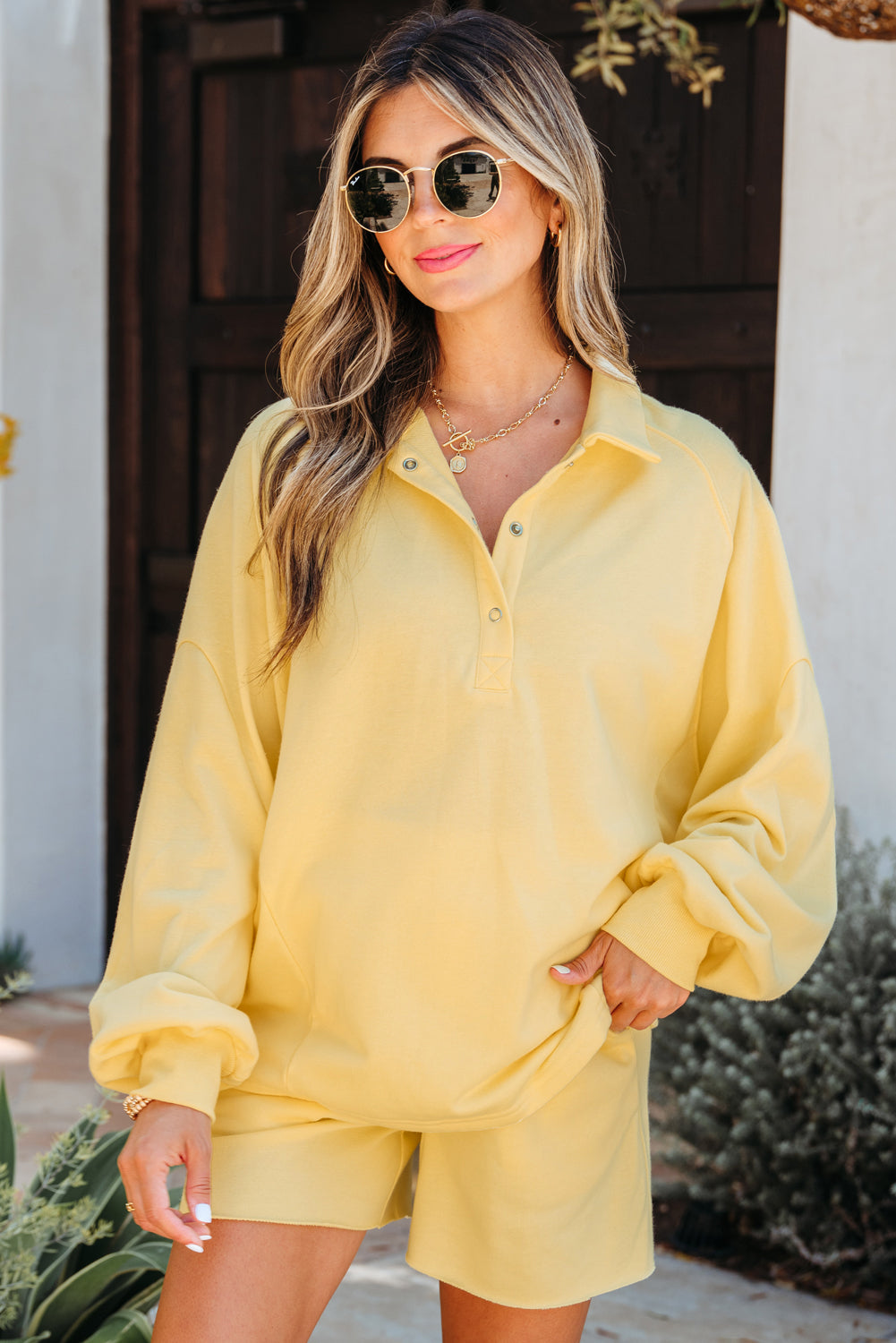 Yellow Button Collar Pullover and Shorts 2 Piece Lounge Set