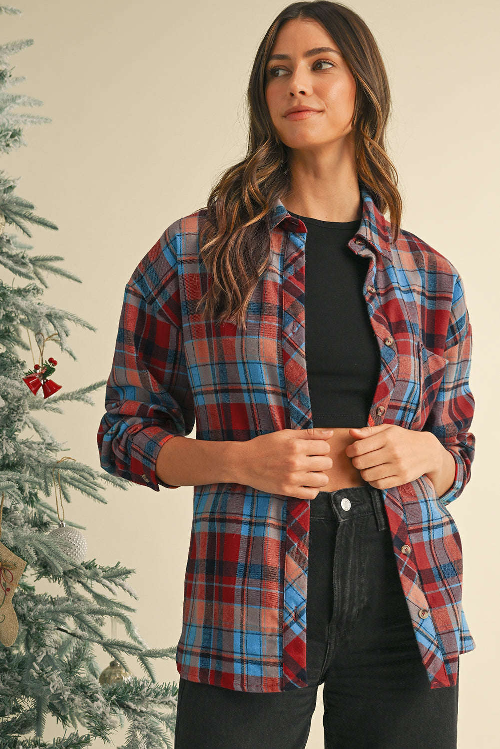 Women's Red Plaid Print Drop Sleeve Loose Shirt Casual Top