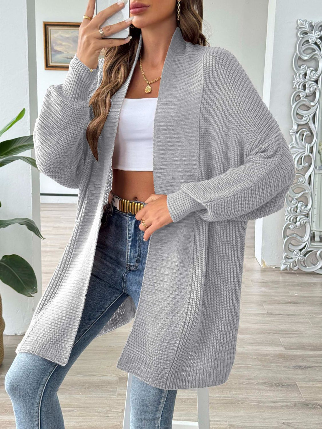 Women's Long Sleeve Open Front Ribbed Knit Cardigan in Rust - Image 9