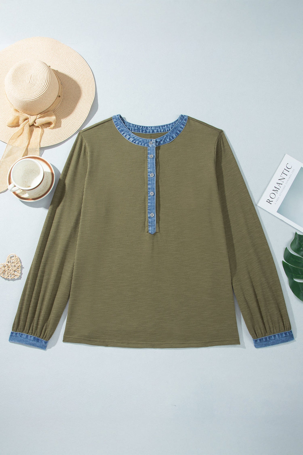 Plus Size Denim Contrast Trim Long Sleeve Henley Blouse