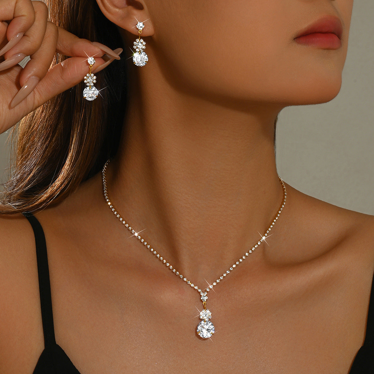 Women 2 Pcs Simple Round Cubic Zirconia Crystal Jewelry Set,Necklace And Earrings,Fashion Accessories For Daily Commute Party Occasion