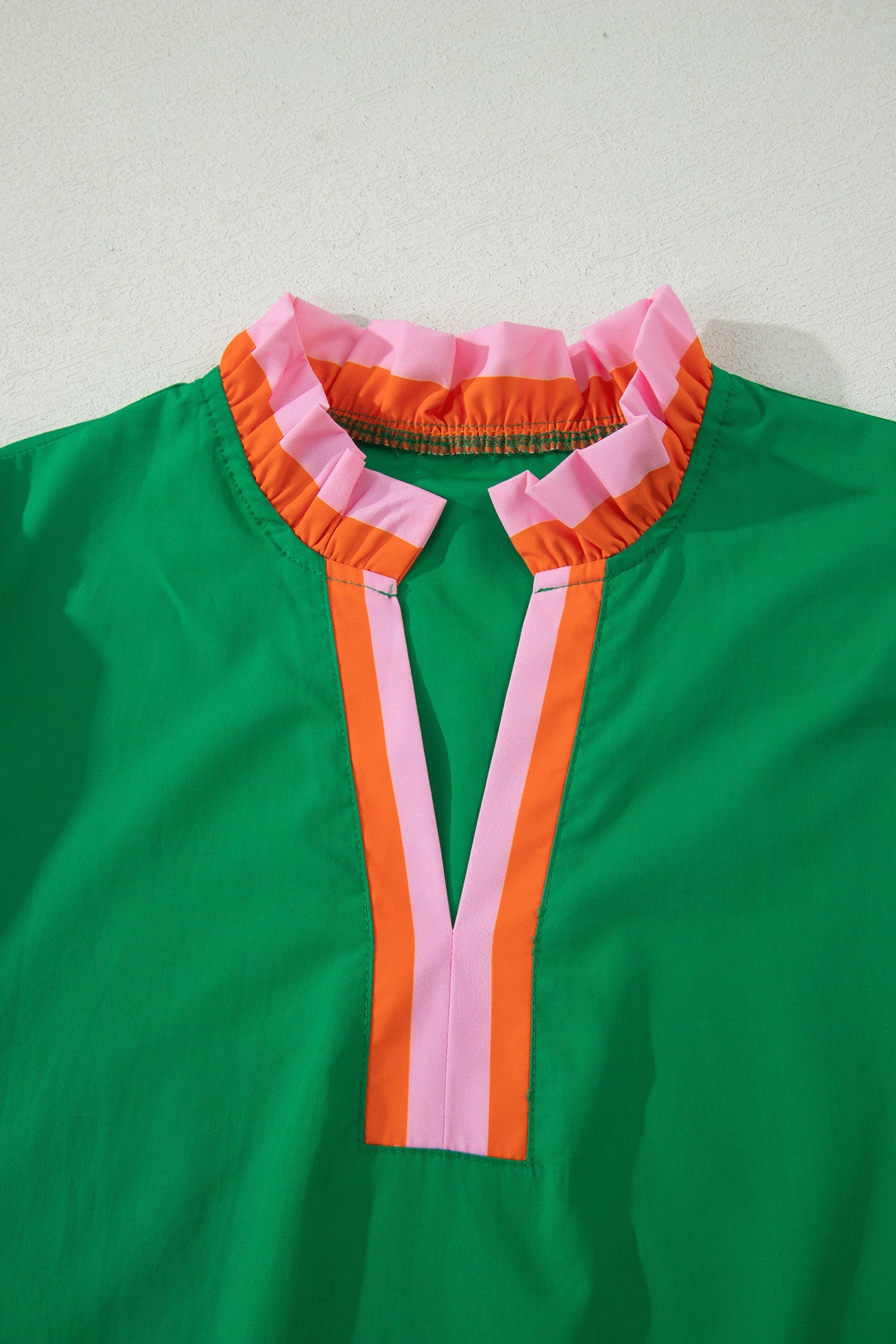 Stripe Frilled Collar Ruffle Short Sleeve Blouse - Green Blue Pink