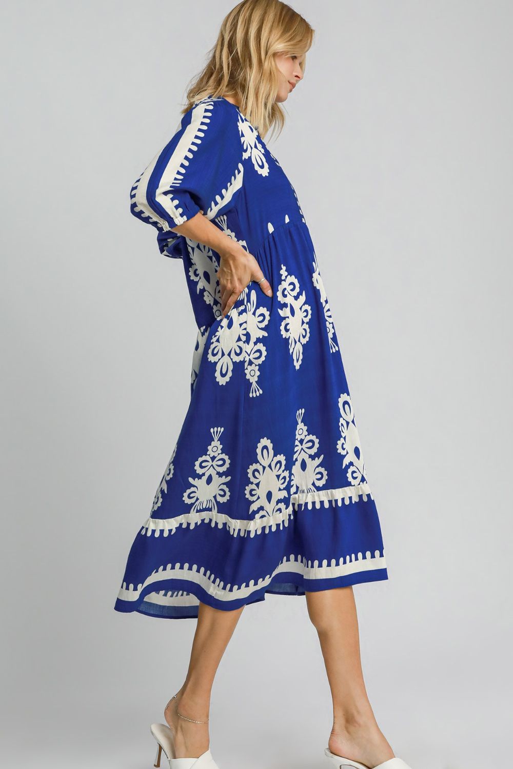 Royal Blue Printed Notched Midi Dress - Elegant Cotton Style