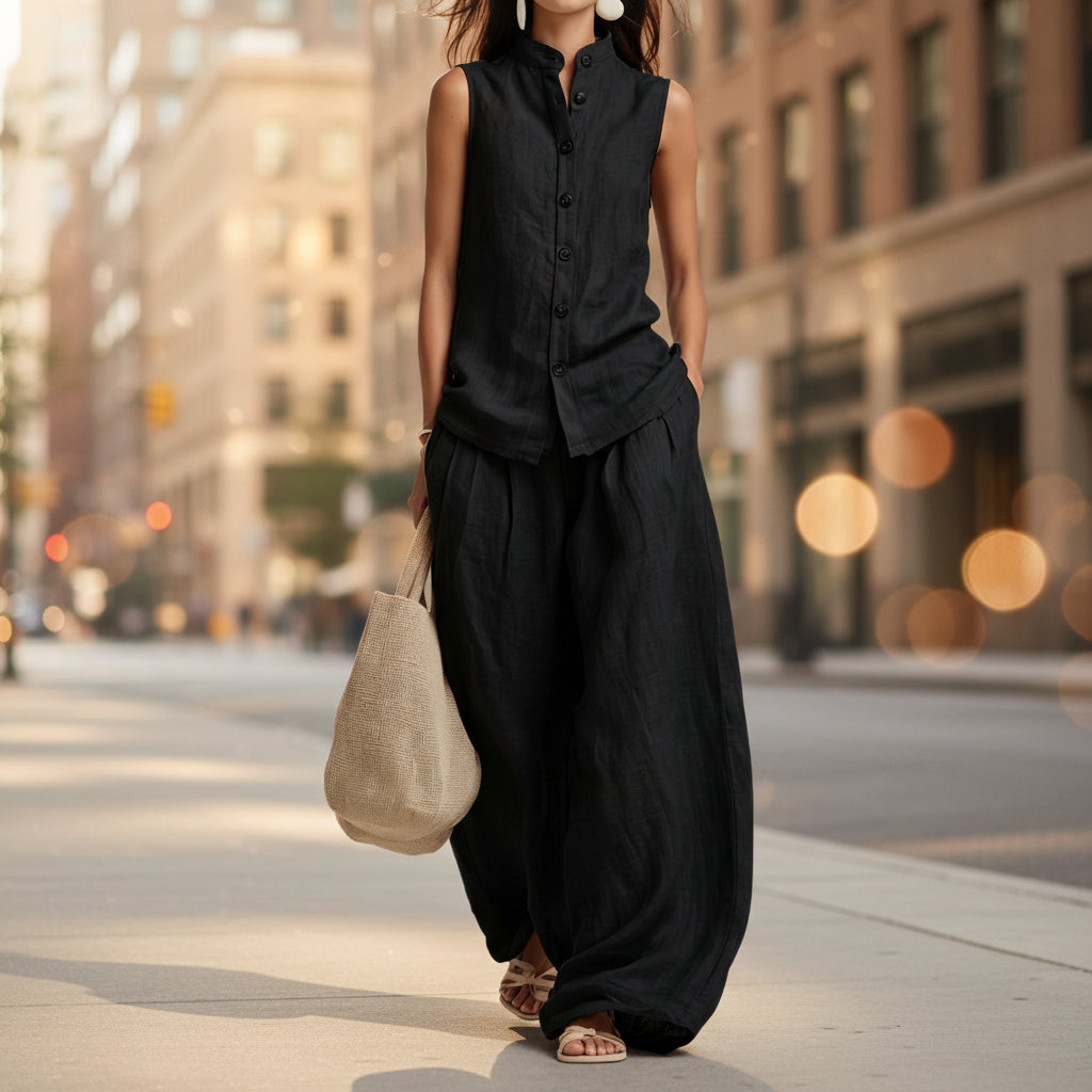 Women's Cotton-Linen Sleeveless Button-Down Vest and Wide Leg Set - Image 2