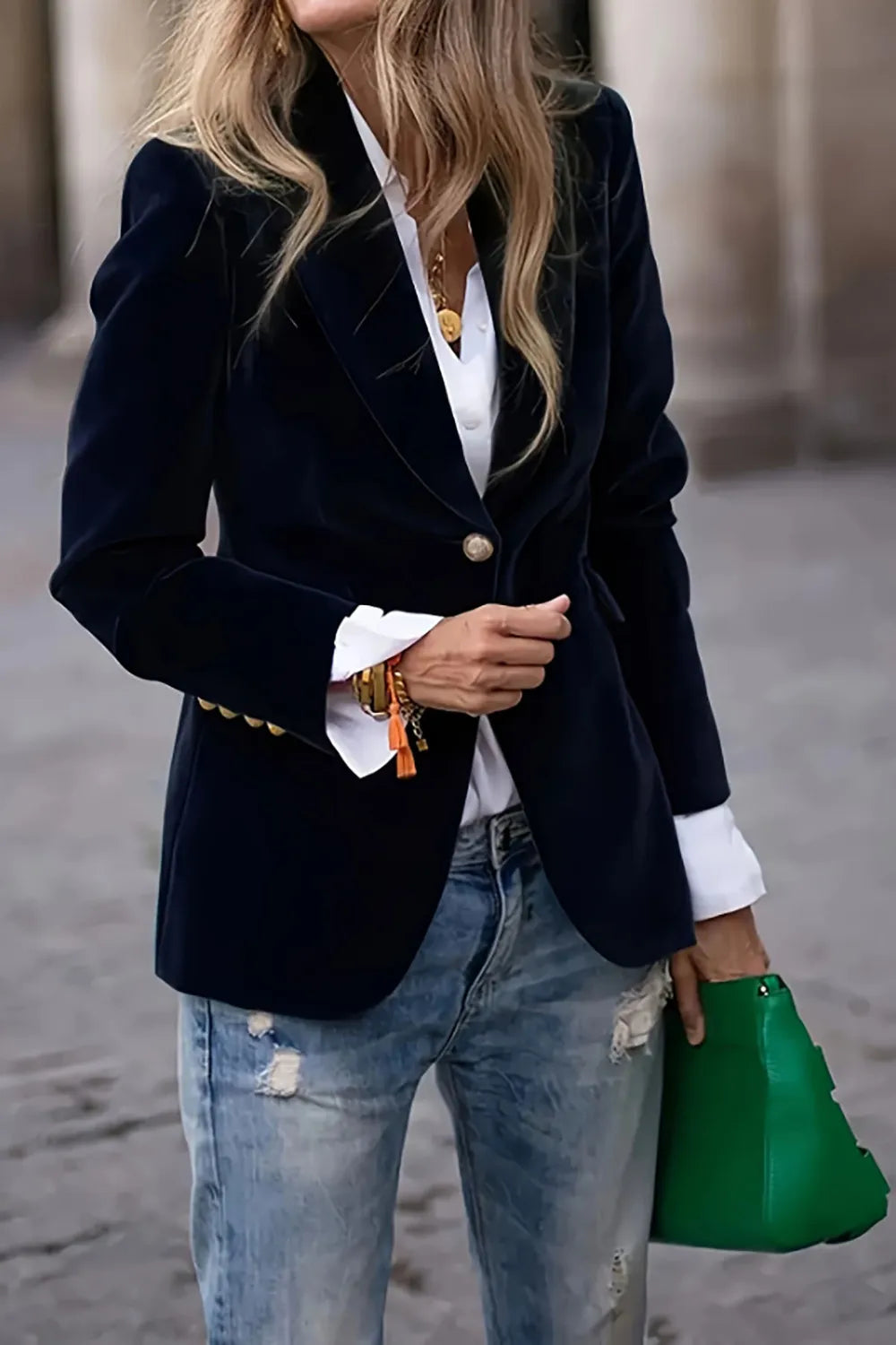 Women's Navy Blue Velvet Lapel Collar Single Button Blazer - Image 8