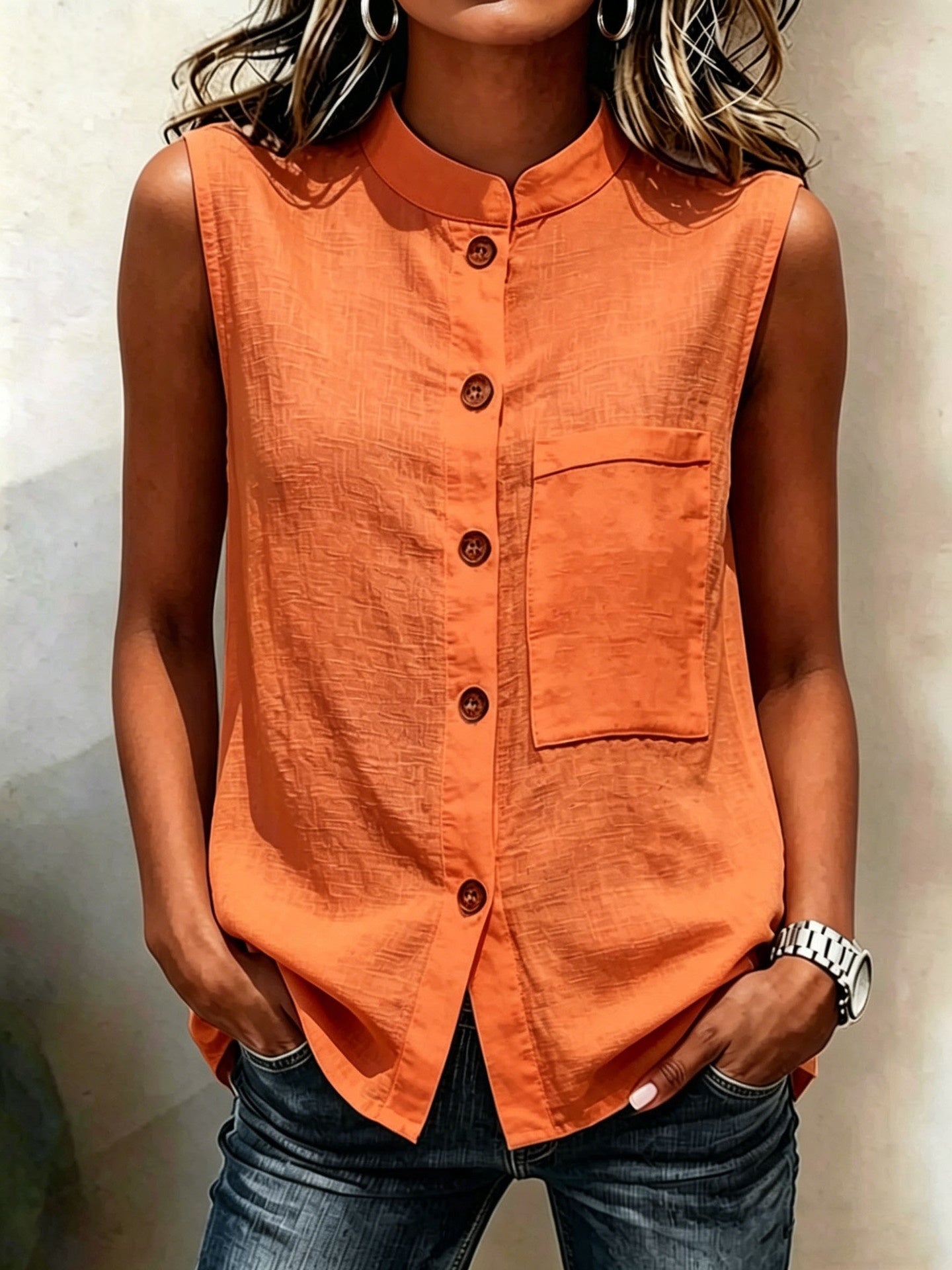Women's Sleeveless Button-Down Blouse with Chest Pocket - Image 6