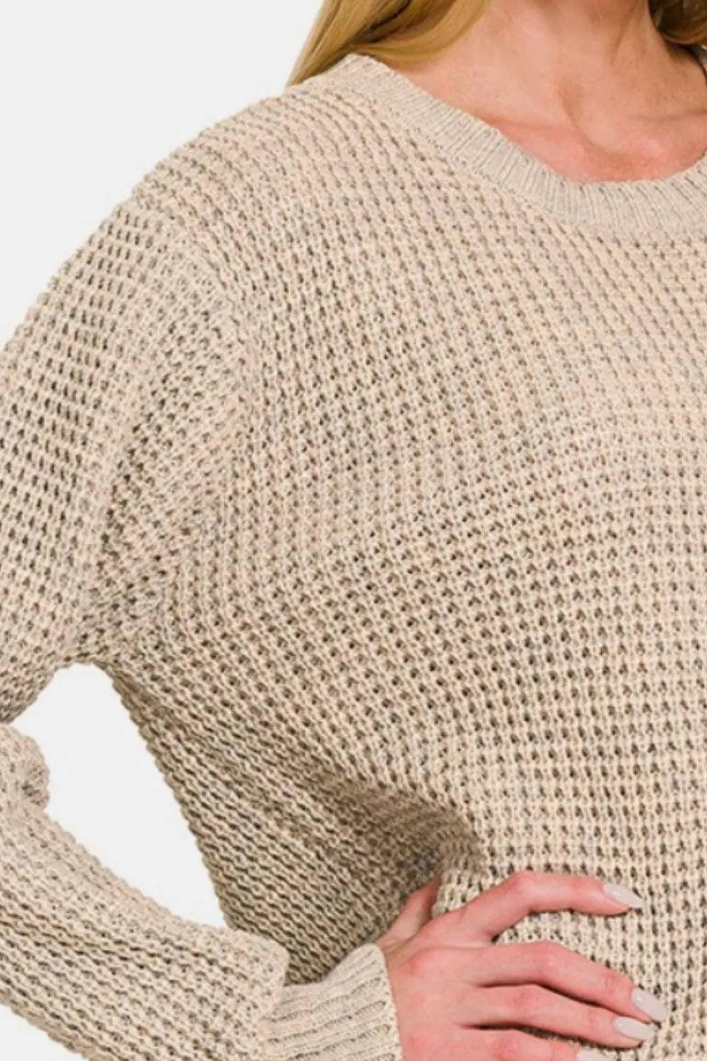 Zenana High Low Waffle Long Sleeve Sweater
