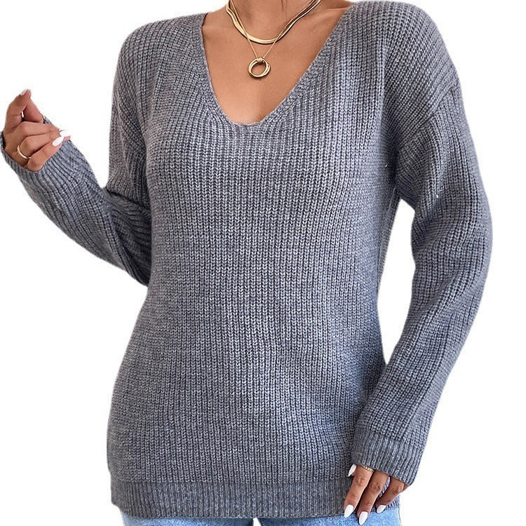 Women's Backless V-Neck Knit Sweater - Streetwear Pullover