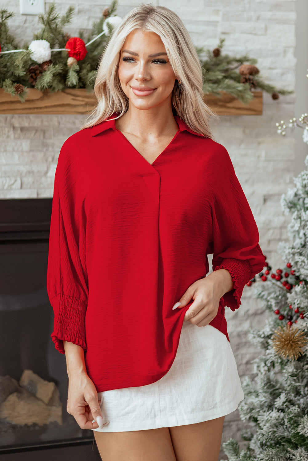 Women's Red Collared V-Neck Smocked 3/4 Sleeve Tunic Blouse - Image 5