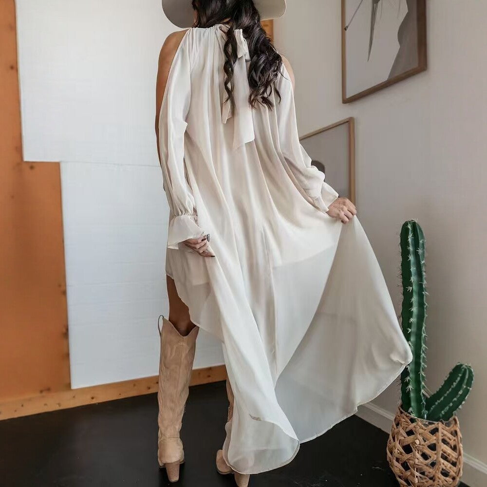 High Neck Asymmetric Maxi Chiffon Dress in Beige Loose Fit - Image 2