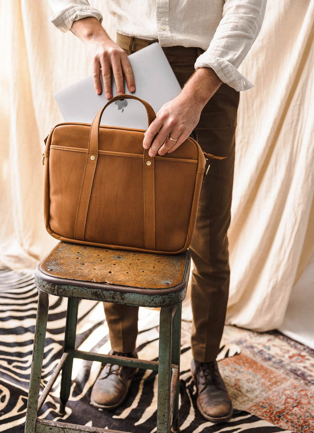Tan Leather Briefcase with Laptop Pocket