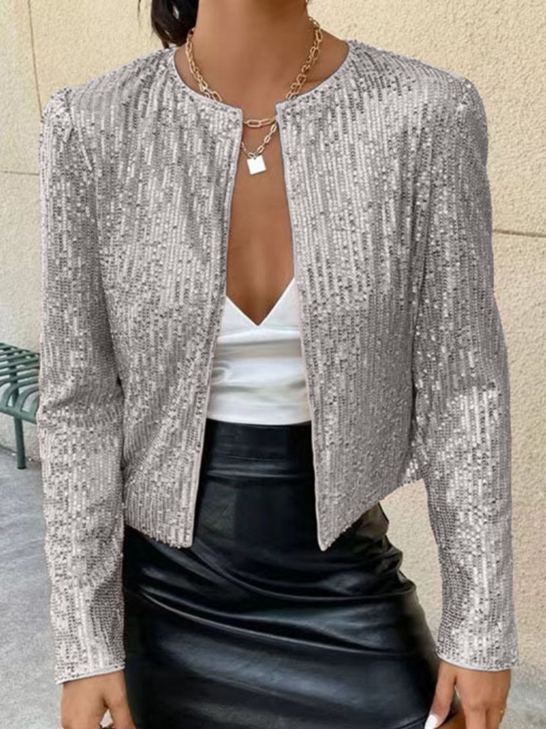 Sequin Open Front Cropped Jacket | Glamorous Party Style