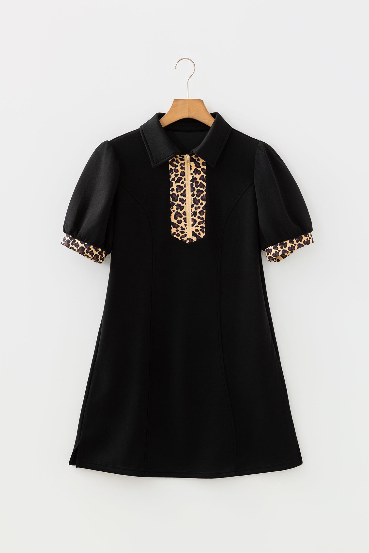 Leopard Patchwork Zip Collared Puff Sleeve Mini Dress