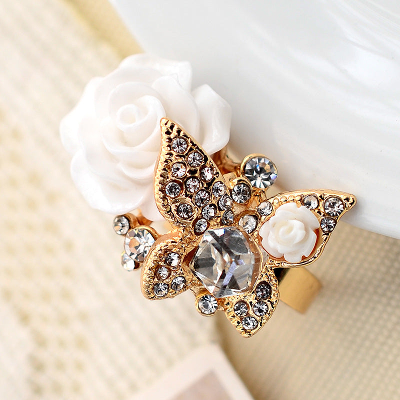 Cross-border Jewelry European And American Retro Butterfly Ring Women's Opening Full Diamond Crystal Rose Flower Ring Bohemian Style
