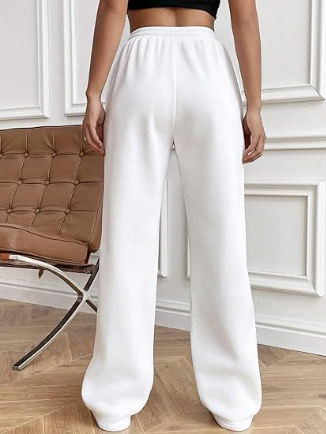 Women's High-Waisted White Drawstring Wide Leg Pants with Pockets - Image 2