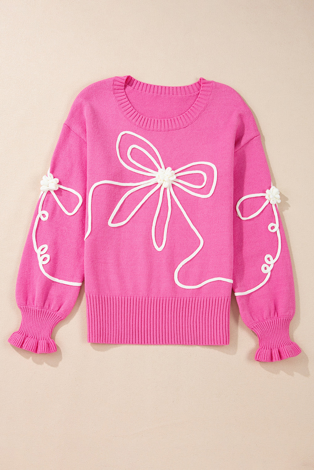 Bow Tie Corded Embroidery Ruffle Cuff Sweater