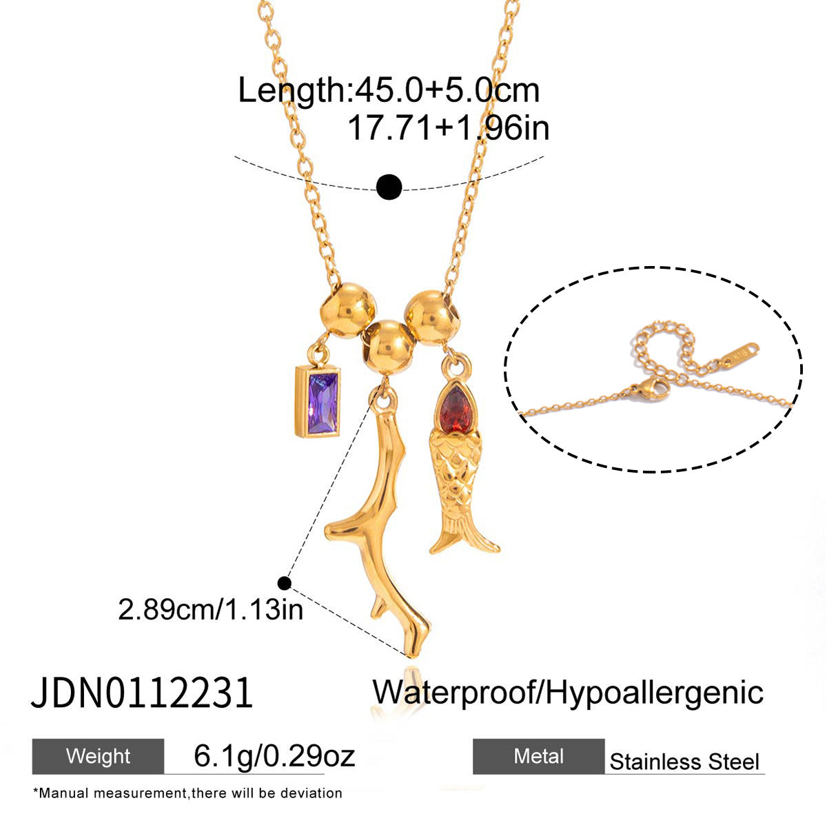 Zircon Fish Pendant Necklace in Gold with Coral Accents