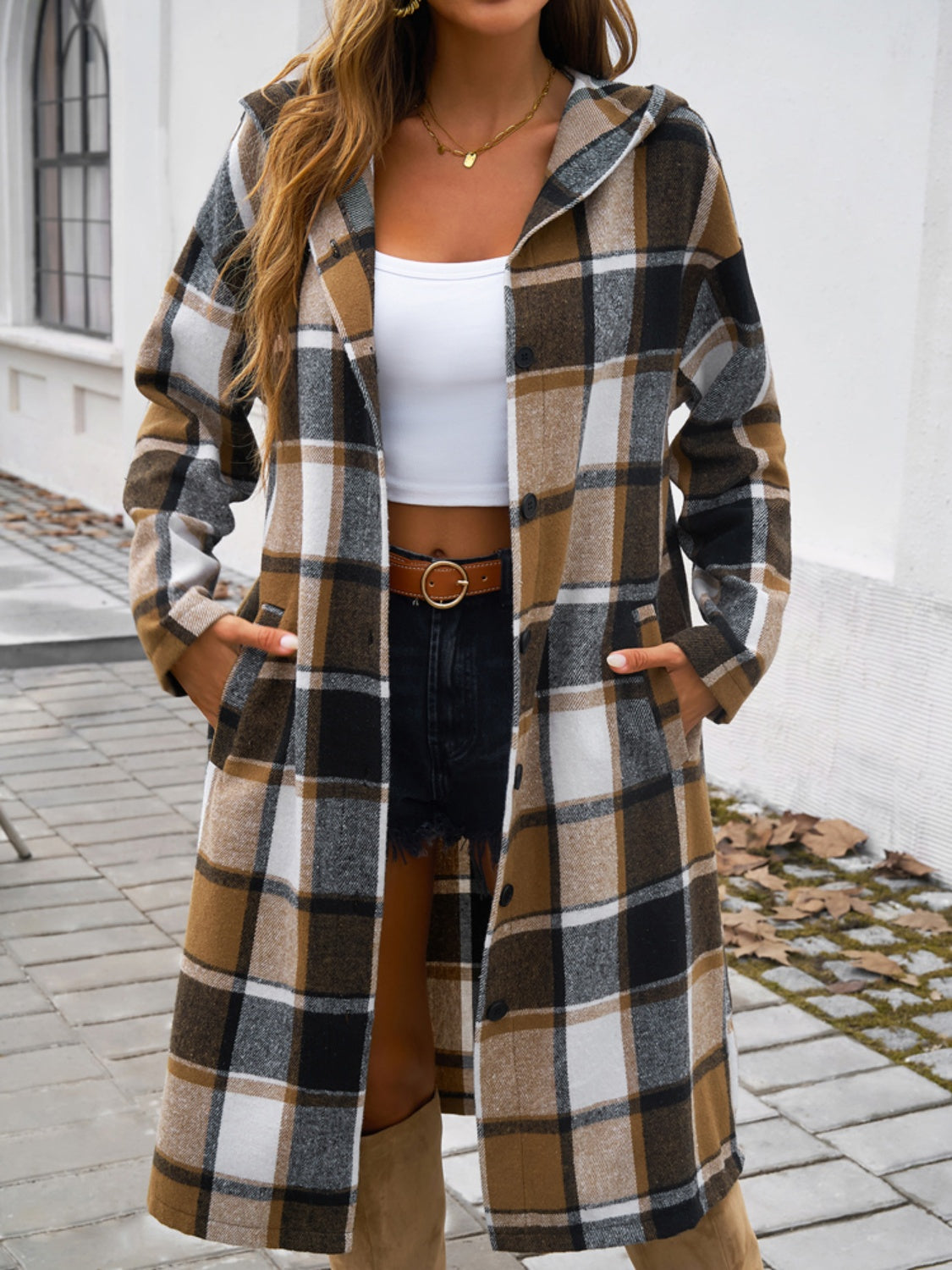Women's Plaid Long Sleeve Hooded Coat in Brown and Green - Image 13