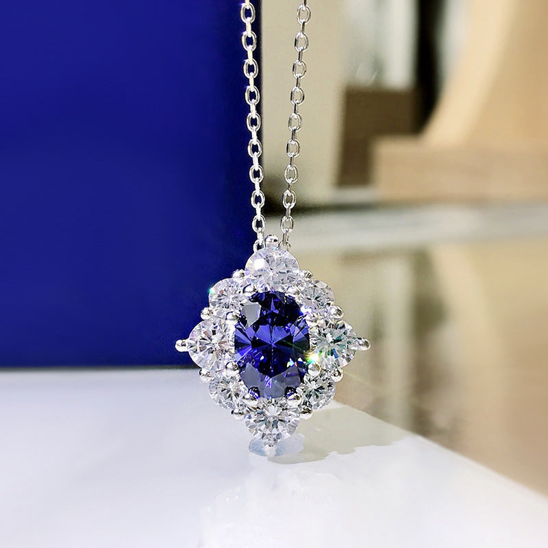 Sapphire Blue Zircon Flower Pendant Necklace For Women