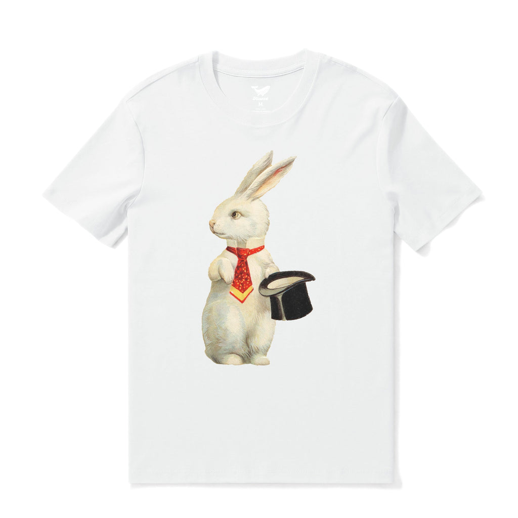 White crew neck t-shirt with a vintage rabbit graphic