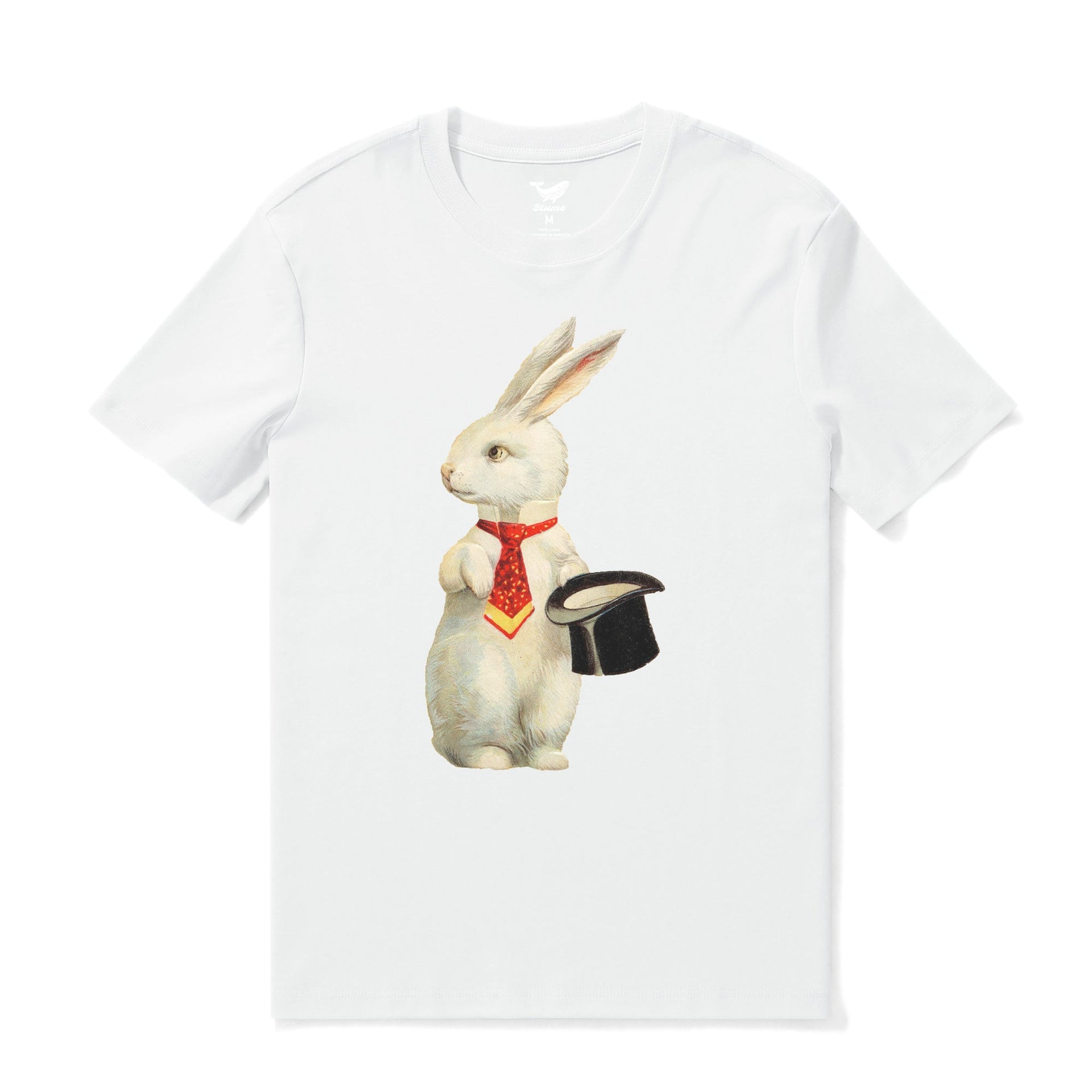 White crew neck t-shirt with a vintage rabbit graphic