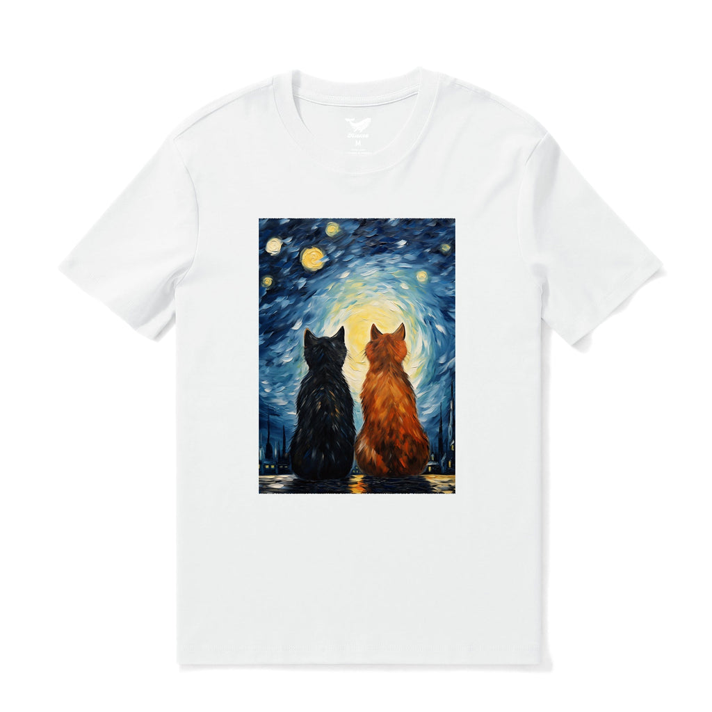 Men's white crew neck graphic t-shirt featuring Van Gogh style cats in love design.