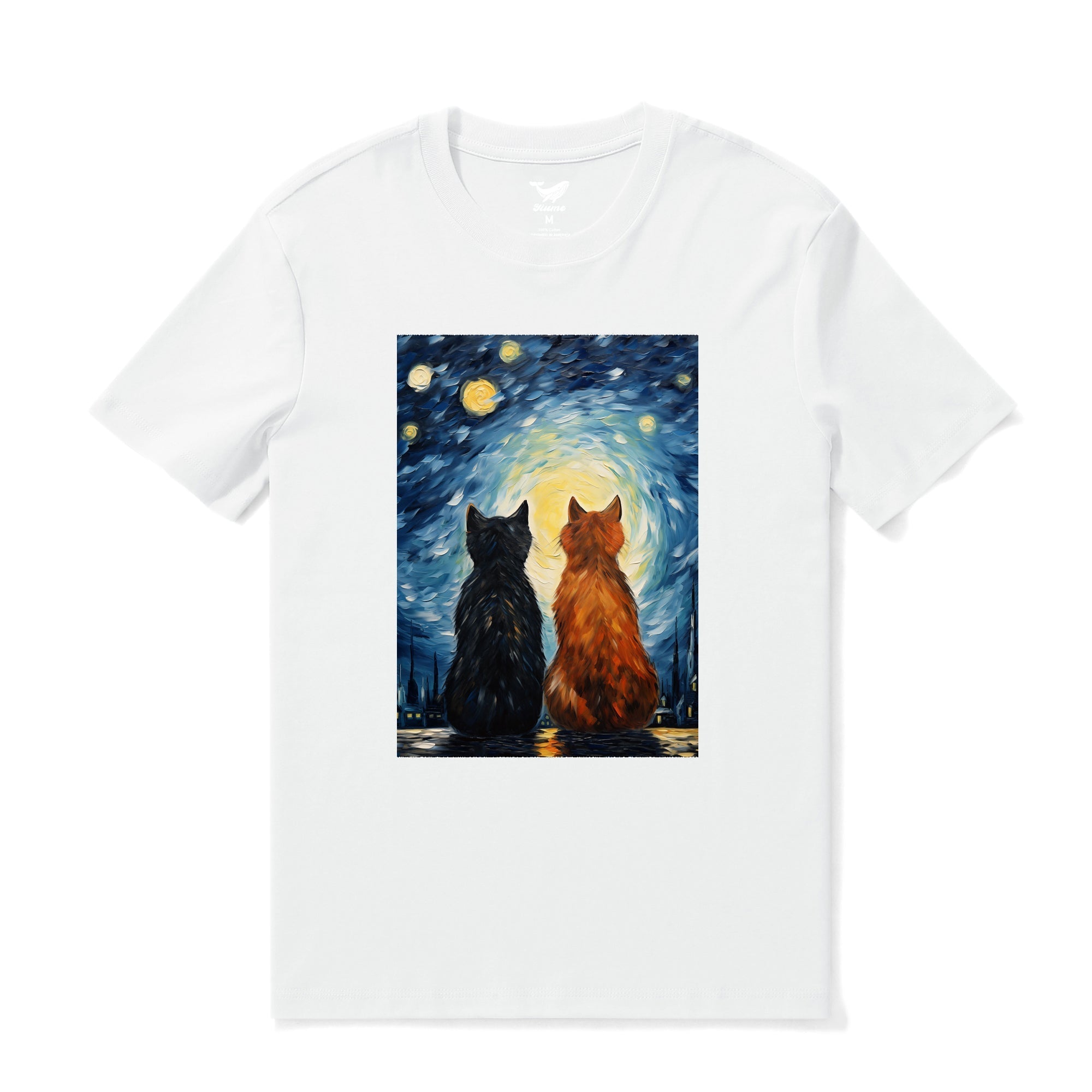 Men's white crew neck graphic t-shirt featuring Van Gogh style cats in love design.