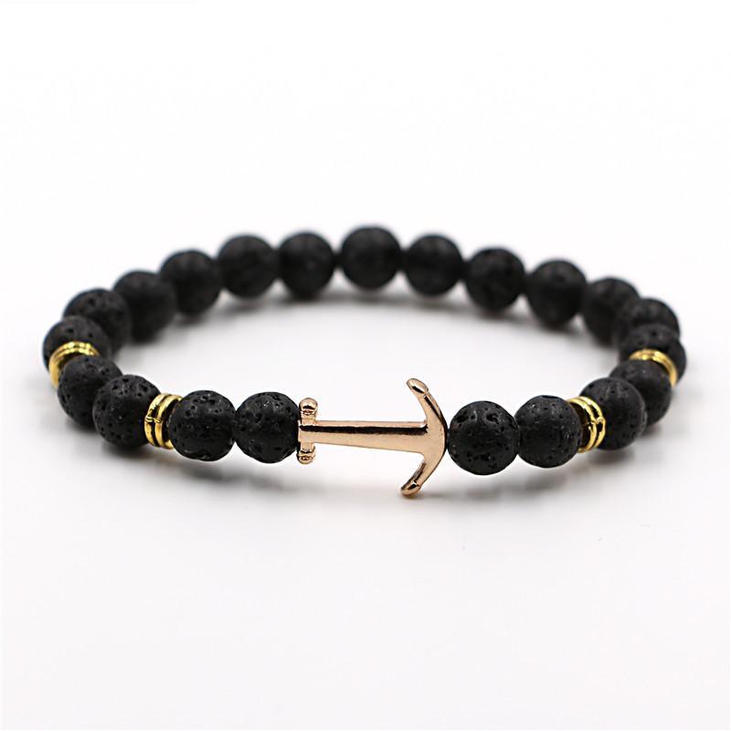 Natural stone anchor bracelet with black onyx and lava beads for men and women