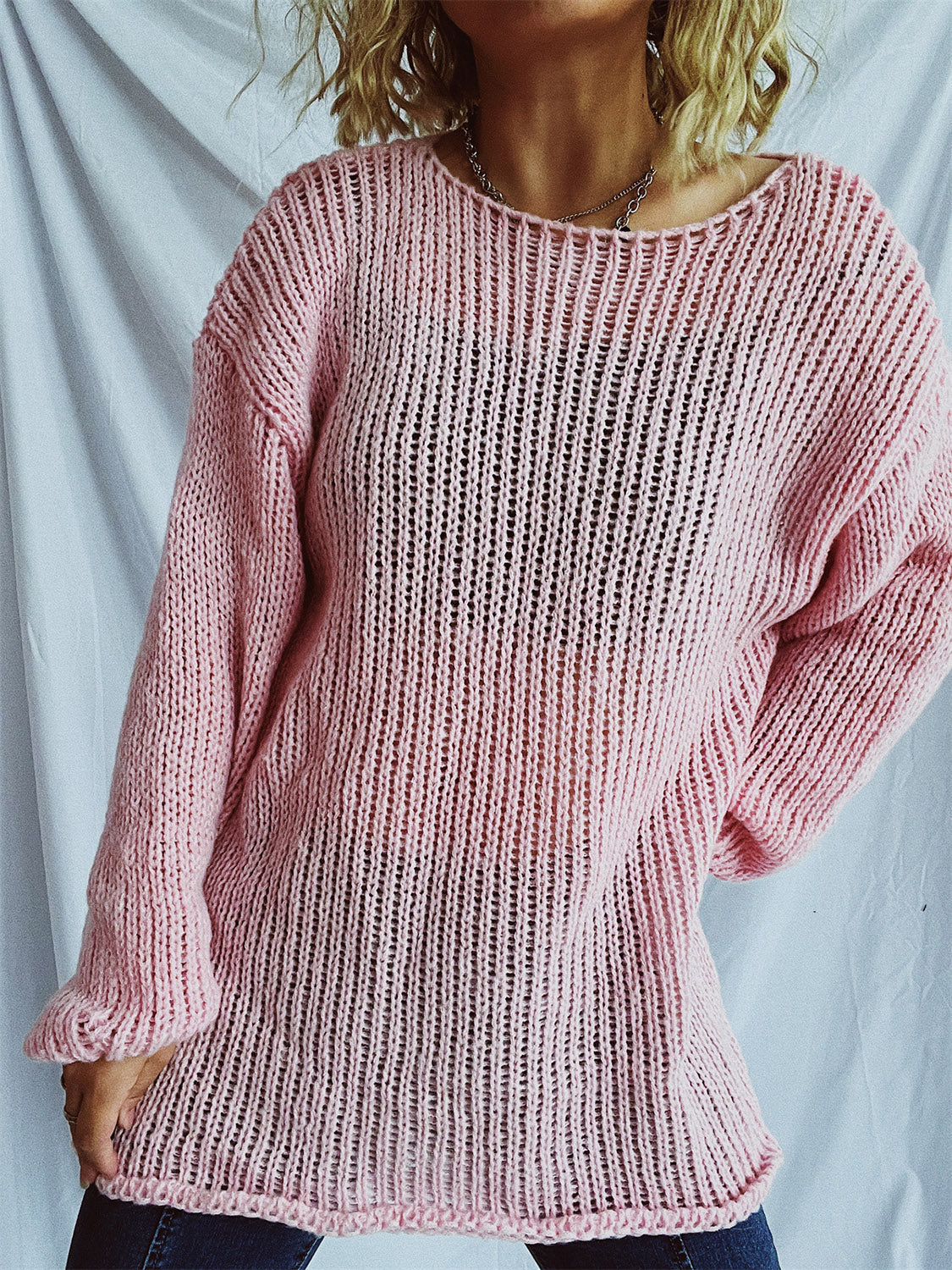 Women's White Boat Neck Dropped Shoulder Loose Knit Sweater - Image 6