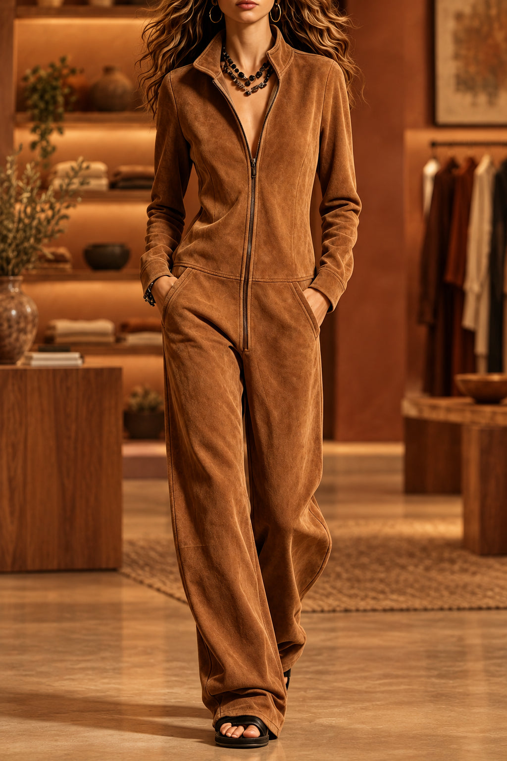 Women's Suede-Look Zip-Front Wide-Leg Jumpsuit