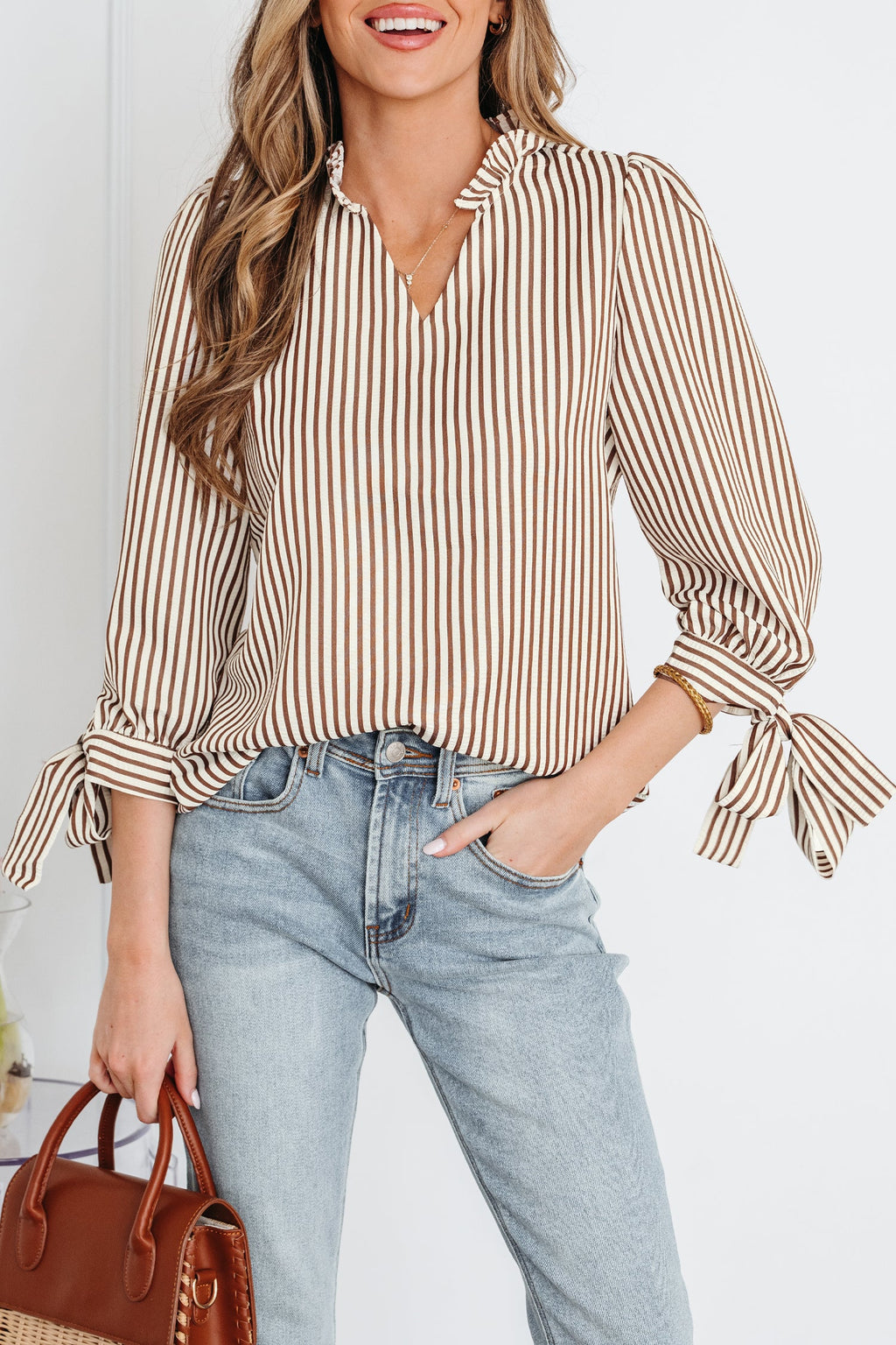 Blair Tied Cuffs Seersucker Blouse in Brown and White Stripe