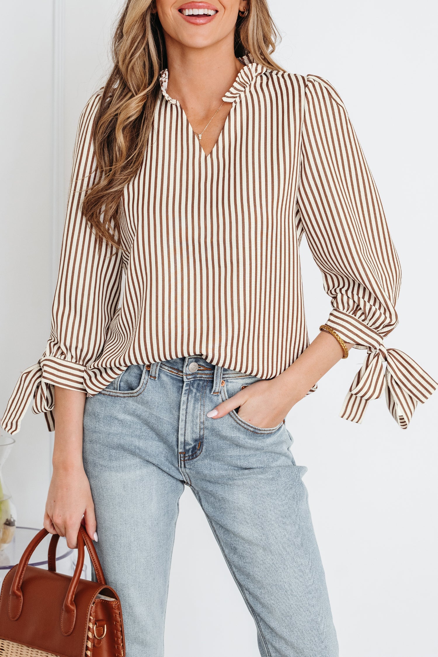 Blair Tied Cuffs Seersucker Blouse in Brown and White Stripe