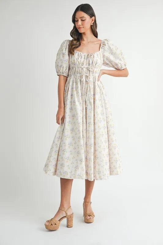 Floral Drawstring Puff Sleeve Midi Dress in White, Yellow, Blue