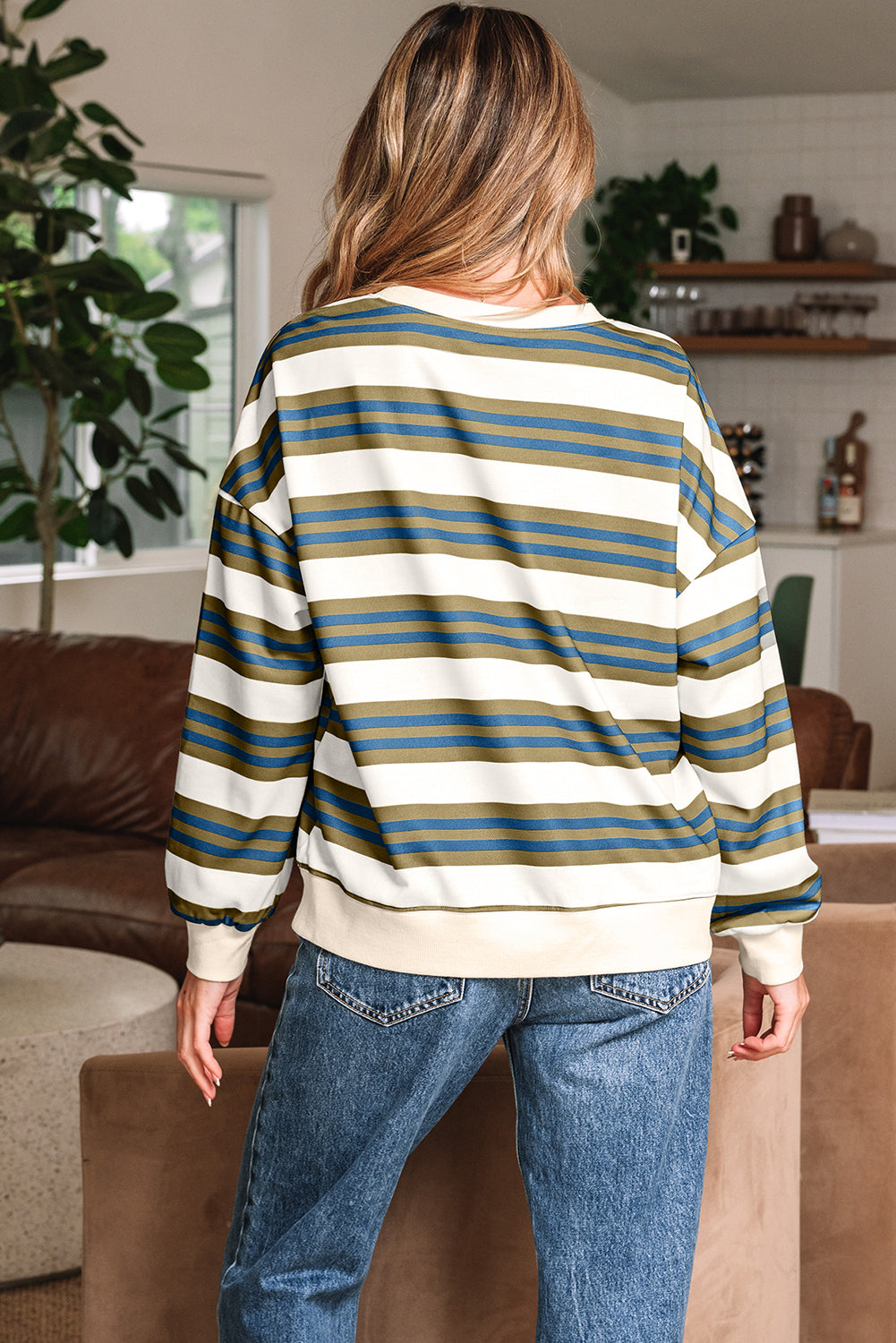 Stripe Crewneck Drop Shoulder Sweatshirt