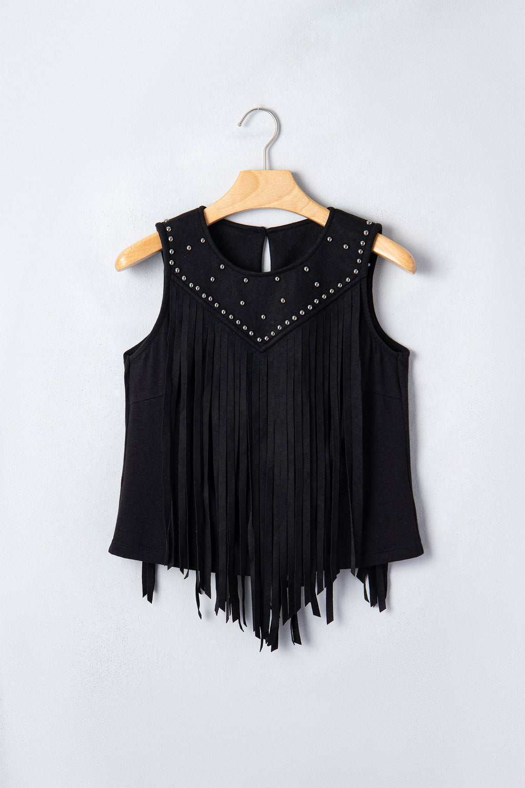 Black Sleeveless Bust Paneling Top with Fringe and Rivets