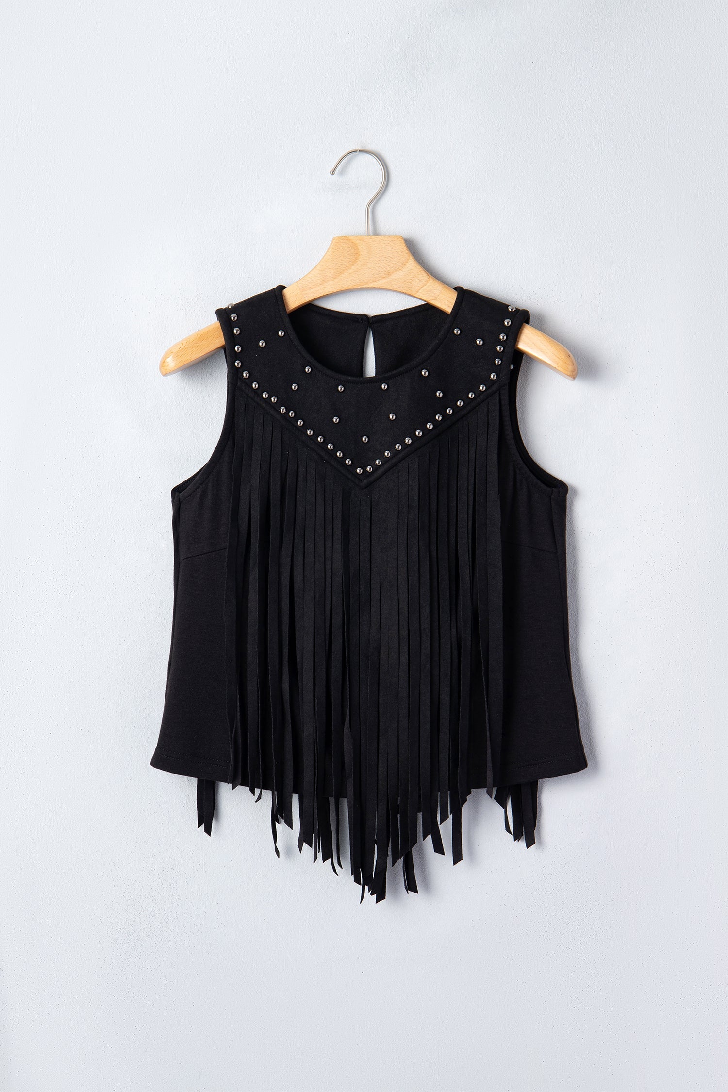 Black Sleeveless Bust Paneling Top with Fringe and Rivets