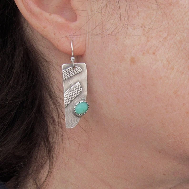 Retro Geometric Carved Pendant Earrings Turquoise Ear Jewelry