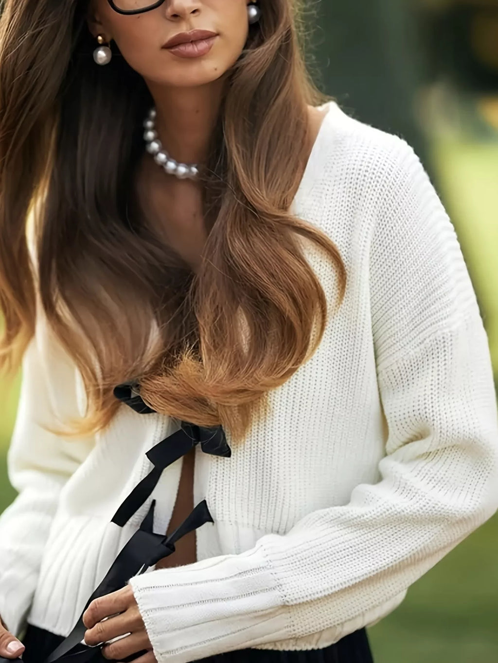 Tie Front Knit Cardigan - Cropped V-Neck Long Sleeve