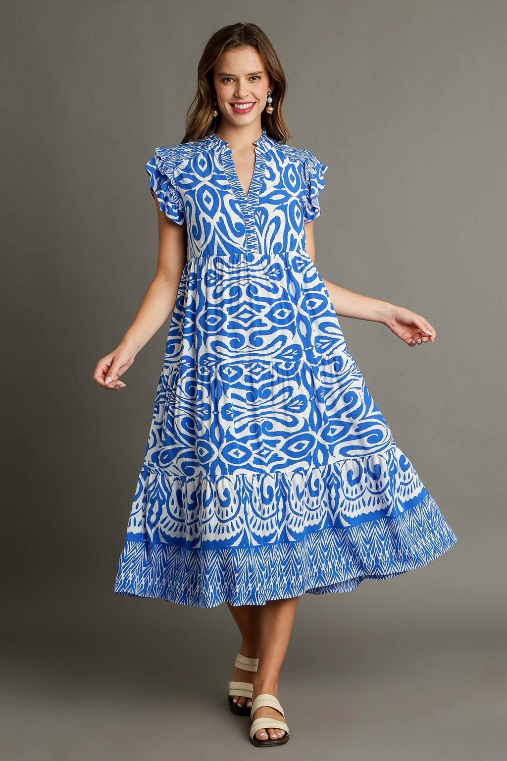 Blue Two-Tone Abstract Print Ruffle Cap Sleeve Midi Dress