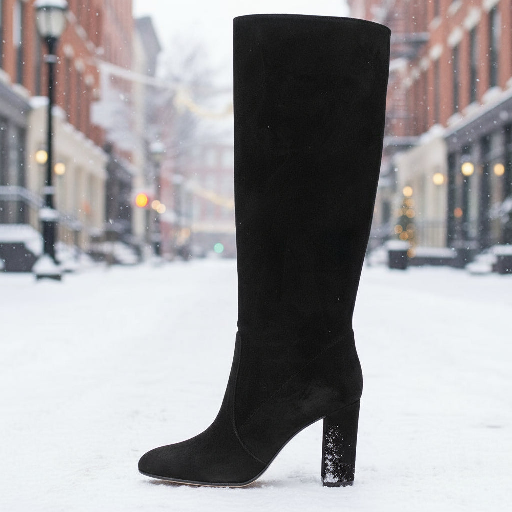 Women’s Suede High Heel Boots | Pleated Thick Heel Pointed Toe