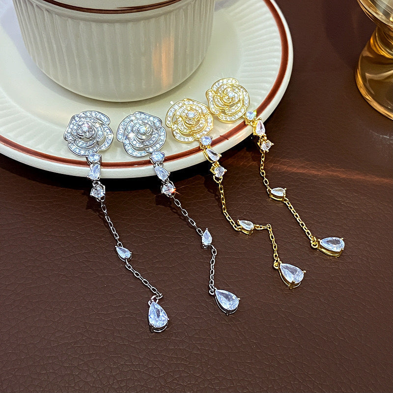 Womens Floral Rhinestone Inlaid Long Tassel Drop Earrings,Costume Earrings For Daily Banquet Party Wear