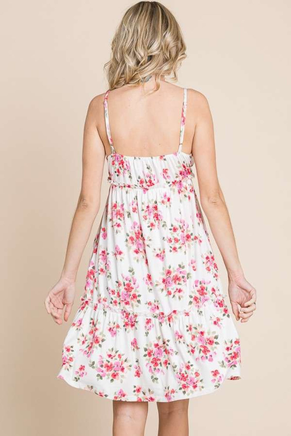 Floral Frill Cami Summer Dress in White and Pink