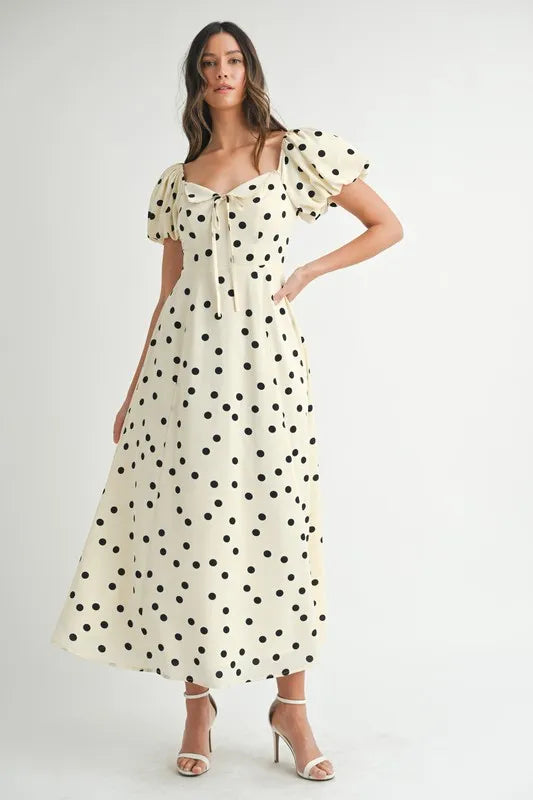 Vintage Polka Dot Puff Sleeve Midi Dress with Retro Flutter